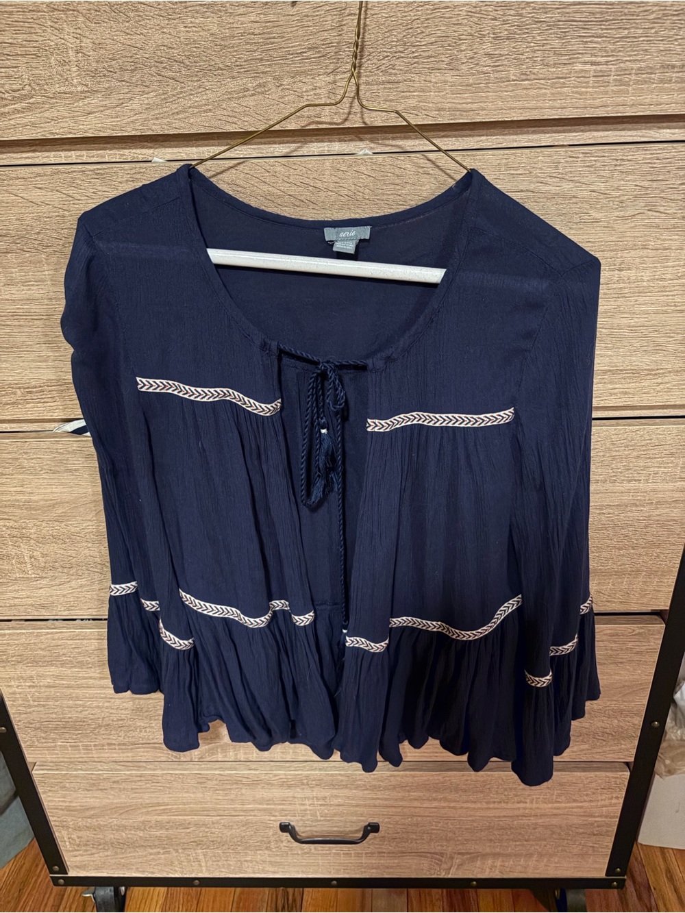 aerie Navy Peasant Tunic with Cream Contrast Stitching - Picture 1 of 3